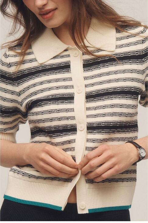 Maeve by Anthropologie Sweaters - Maeve Anthropologie Striped Knit Polo Cardigan Sweater Black Cream Green Trim
